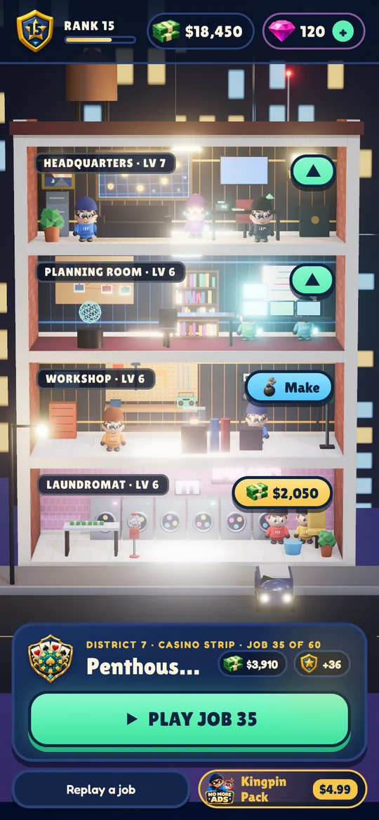 The hideout: four floors with Headquarters, the Planning Room, the Workshop and the Laundromat, the crew busy in each
