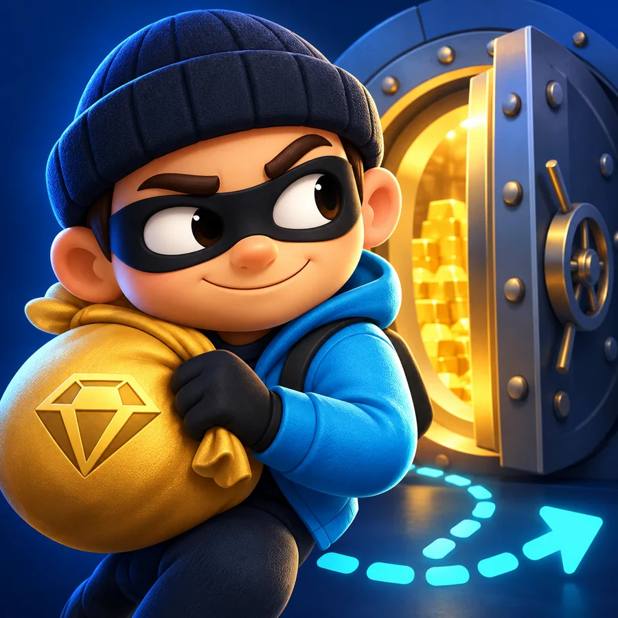 The Thief in his beanie and mask, carrying a sack of loot out of an open vault, with a dotted getaway route on the floor