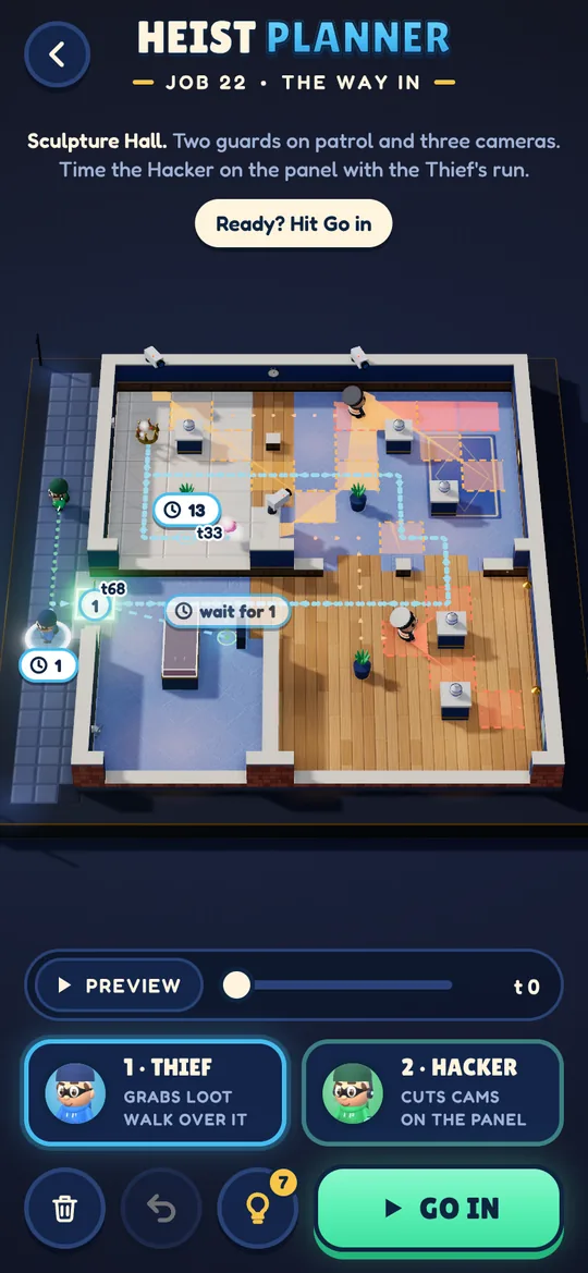 Planning Job 22: dotted routes for the Thief and the Hacker through a gallery, guard and camera views in red and amber